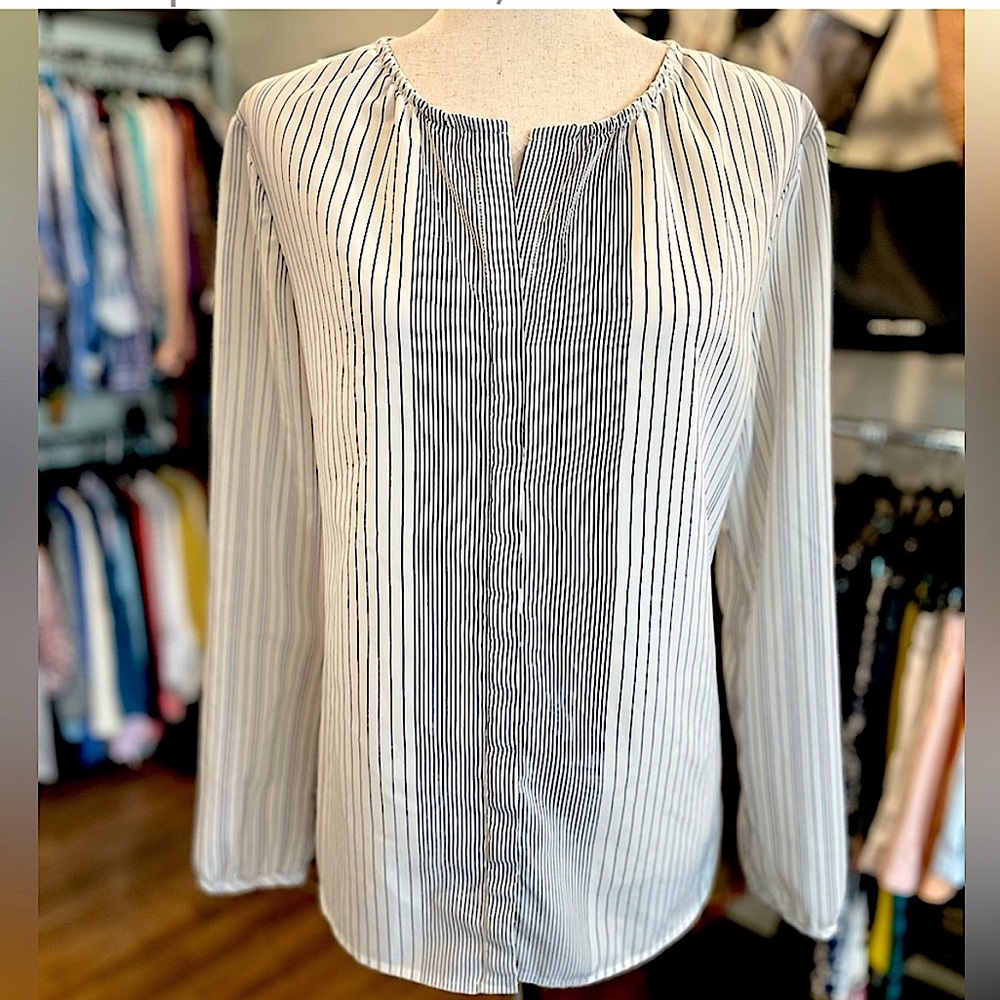 Crosby. Women’s Long Sleeve Button Up Blouse in White Vertical Navy Stripes